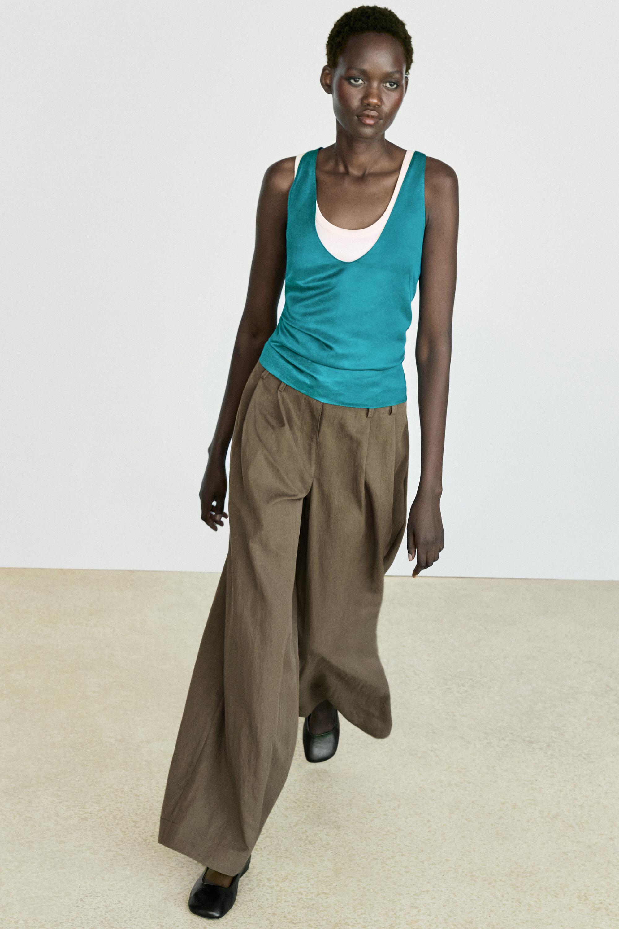 Satin linen blend V-neck top