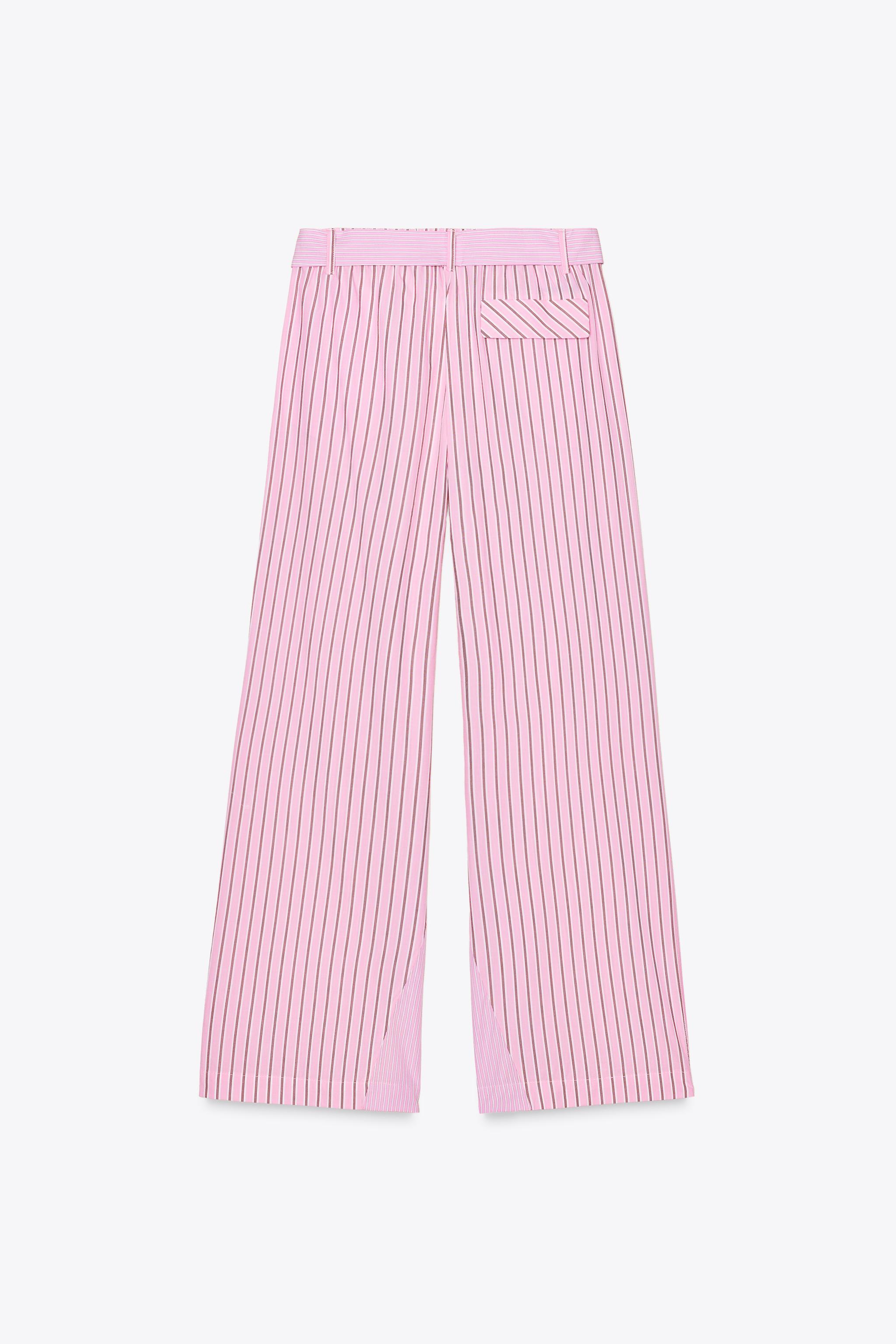 STRIPED POPLIN BELTED PANTS - Pink | ZARA United States