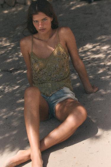 EMBROIDERED STRAPPY TOP - Khaki by Zara