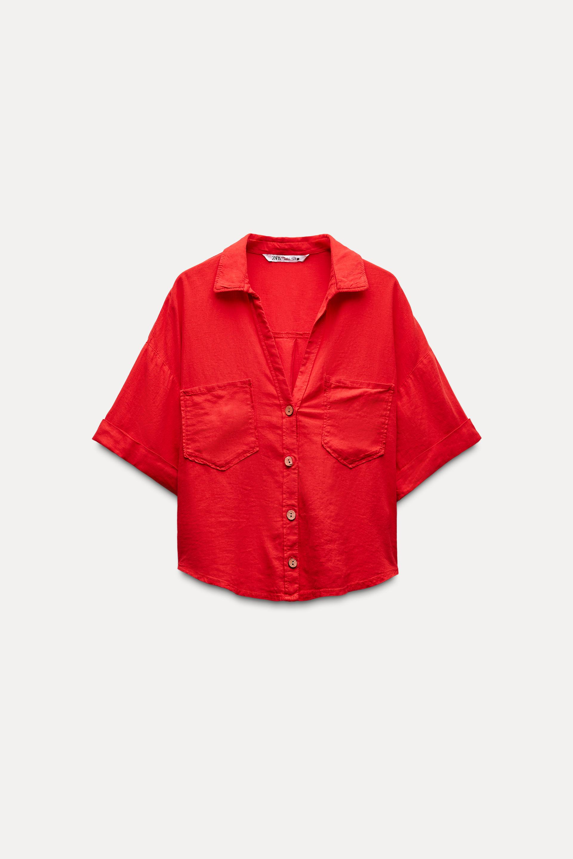 CROPPED LINEN BLEND SHIRT - Red | ZARA United Kingdom