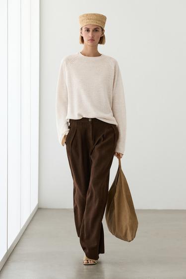 Zara 100% linen wide-leg pleated trousers - Mink marl - Image 0