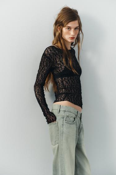 TOP MANGA LARGA ENCAJE - Negro de Zara