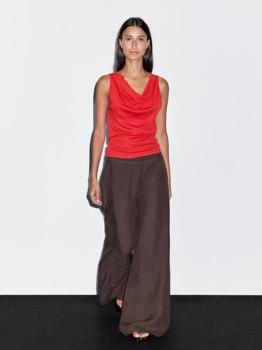 Top encolure drapée 100 % coton - Rouge de Zara - Image 0