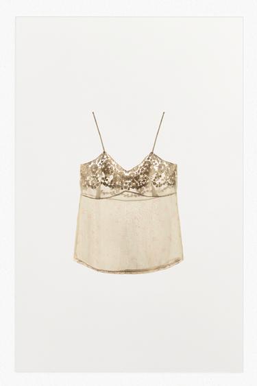 TOP ORGANZA ESTAMPADO BORDADOS - Crudo de Zara