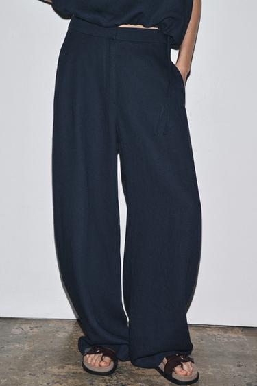 ZW COLLECTION LINEN BALLOON TROUSERS - Navy blue by Zara