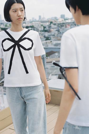 コントラストリボン付きＴシャツホワイトZaraのコントラストリボン付きＴシャツ - ホワイト 