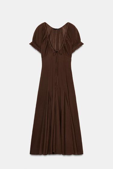CHIFFON GODET MIDI DRESS - Brown by Zara