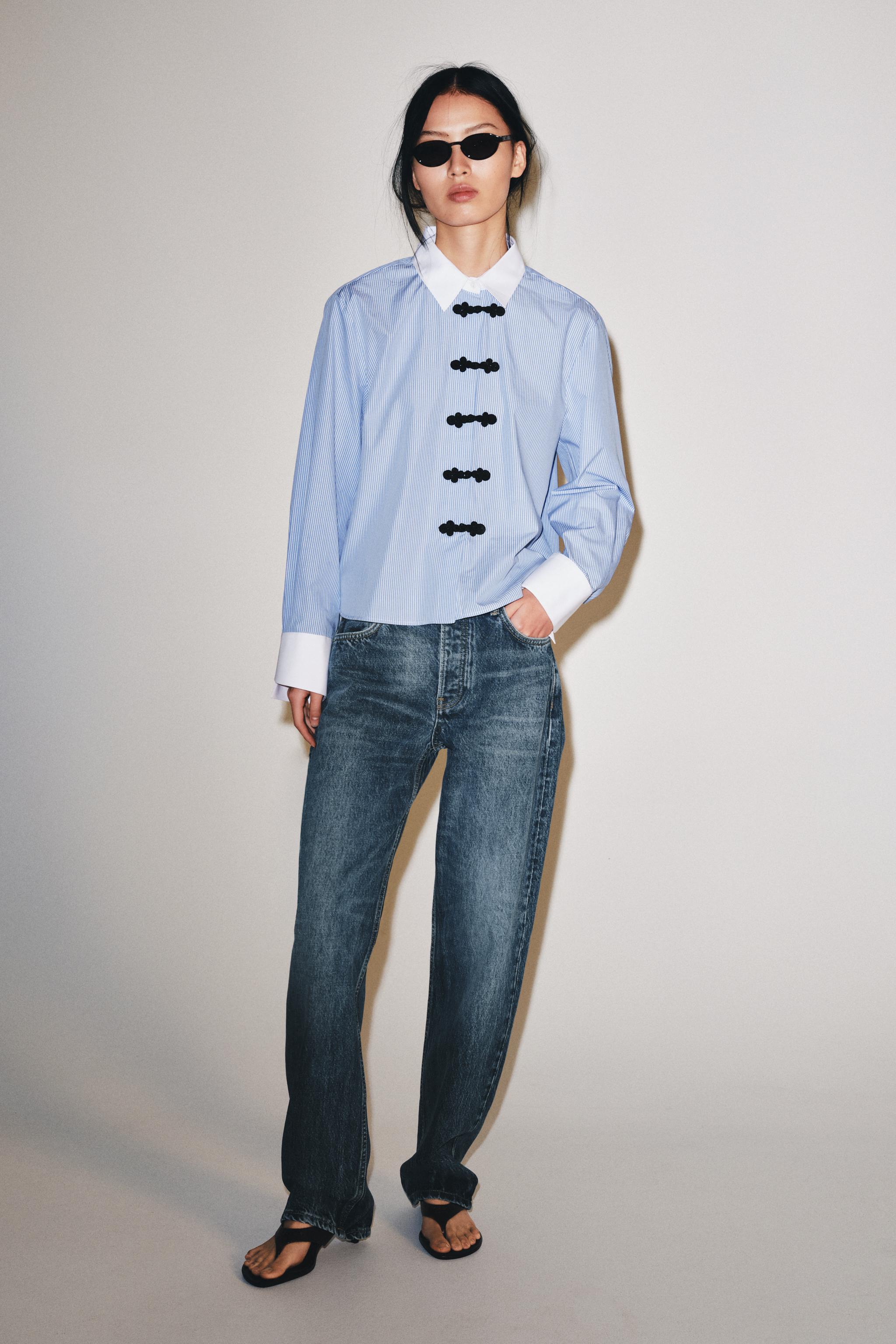 ZW COLLECTION STRIPED FROG FASTENING SHIRT — Blue / White