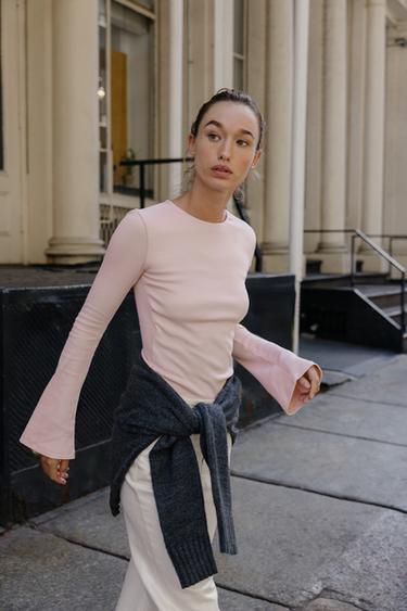 Zara 羅紋喇叭袖 T 恤 - 粉紅色