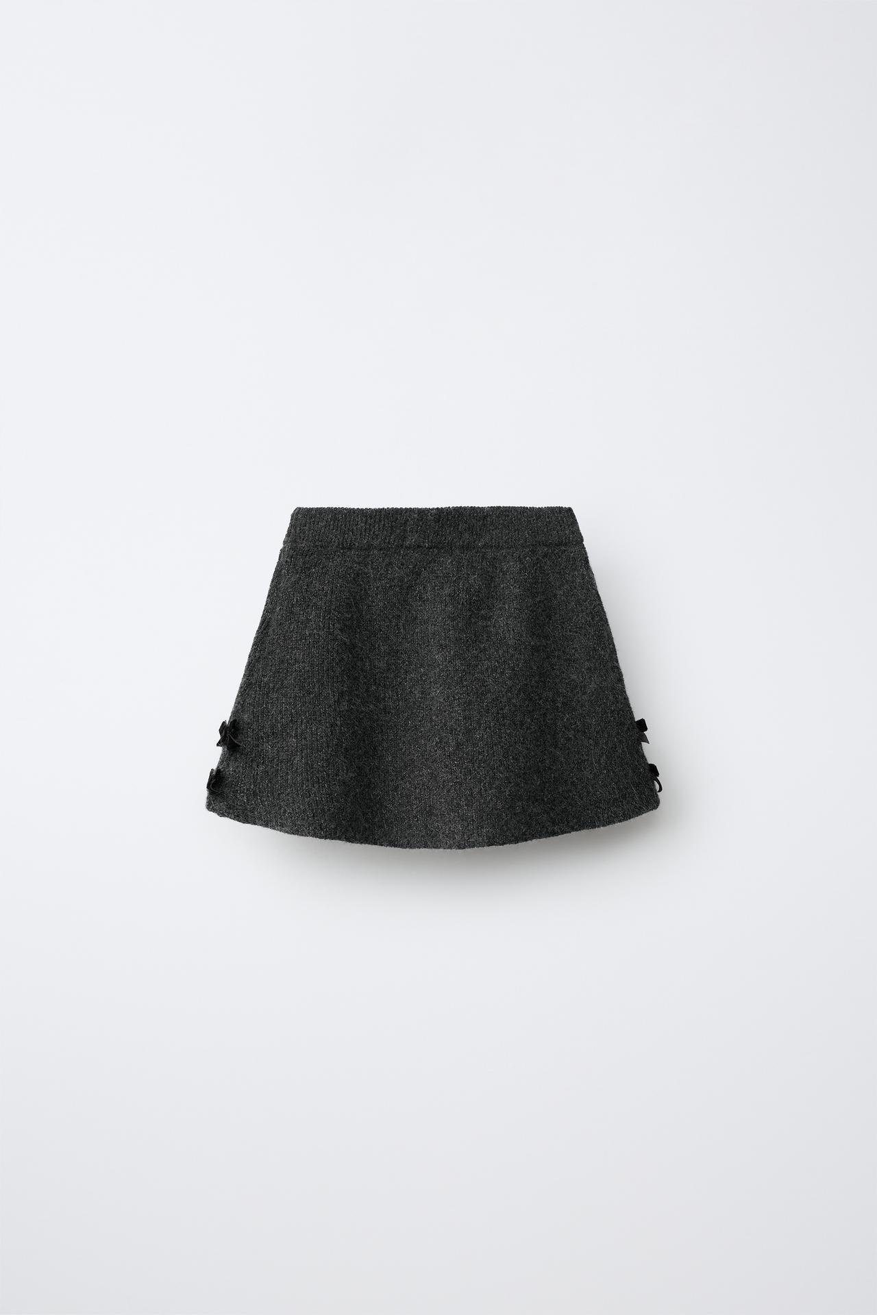 VELVET BOW KNIT SKIRT — Gray marl
