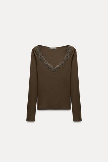 ТОП В РУБЧИК С КРУЖЕВНОЙ ОТДЕЛКОЙ — ТЕМНЫЙ ХАКИ от Zara