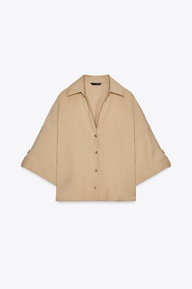 Zara WIDE SHORT SLEEVE SHIRT - Mid-camel