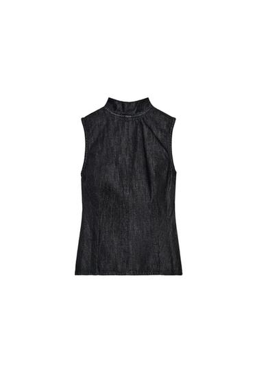 ДЖИНСОВЫЙ ТОП TRF С ГОРЛОВИНОЙ ХАЛТЕР И ЗАВЯЗКАМИ — ТЕМНЫЙ ИНДИГО от Zara