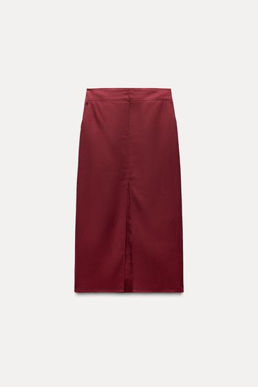 LINEN BLEND MIDI SKIRT - Burgundy by Zara