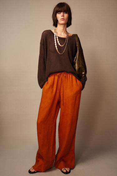 ZW COLLECTION 100% LINEN PALAZZO TROUSERS - Dark orange by Zara