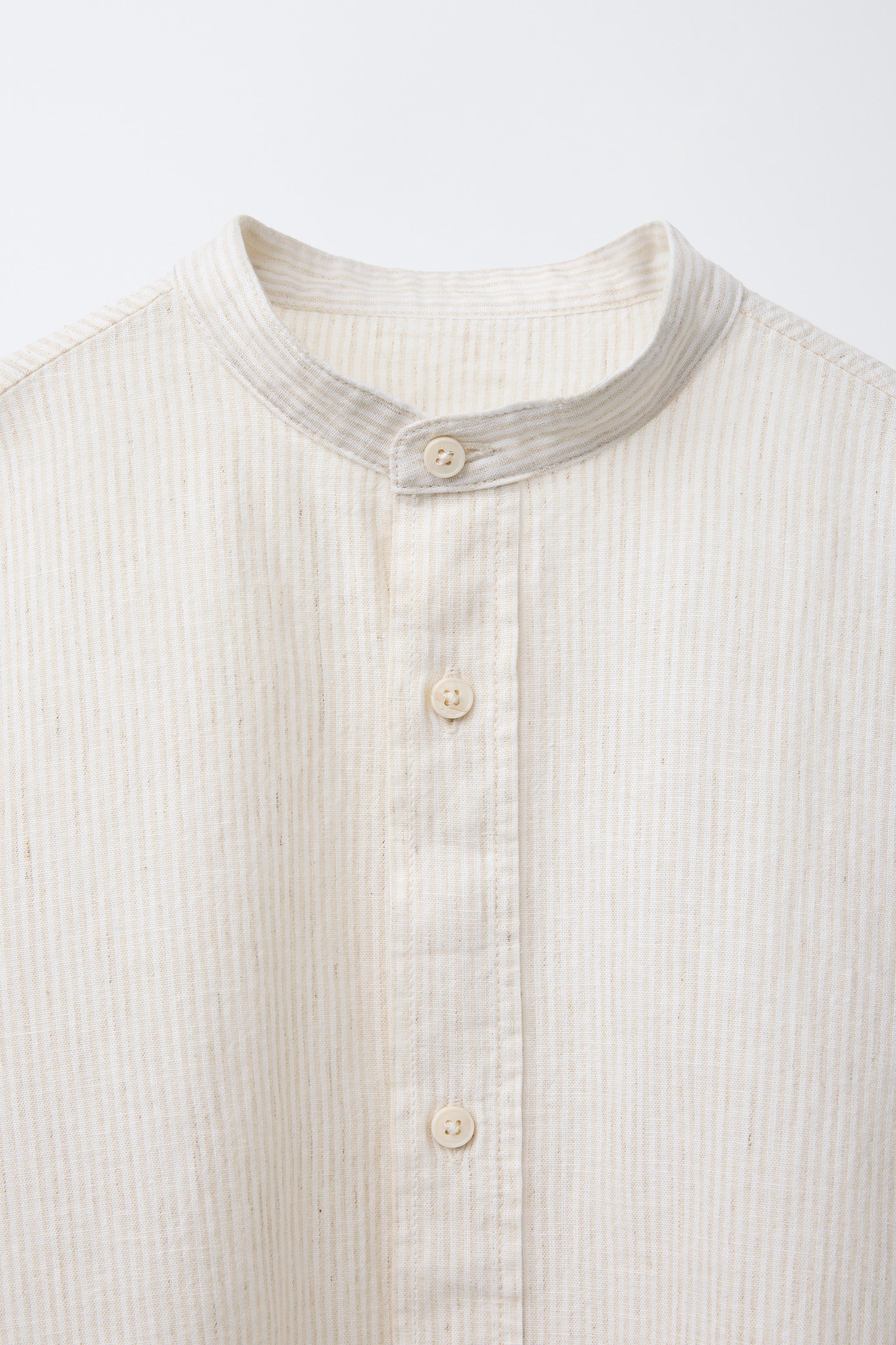 はる！！clane stand collar lose all in STRIPED LINEN SHIRT WITH STAND COLLAR - Sand | ZARA India