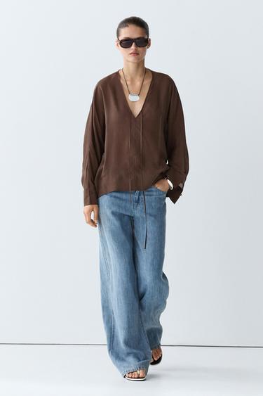 Zara Fluid V-neck tie-front blouse - Brown - Image 0