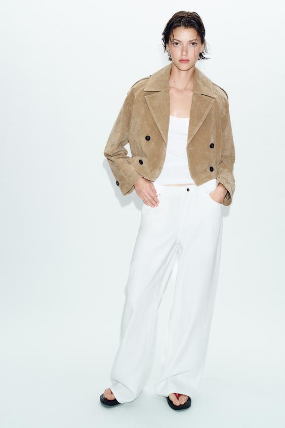 Zara 100% 皮革短版雙排扣風衣 - 淺駝色 - 圖片 0