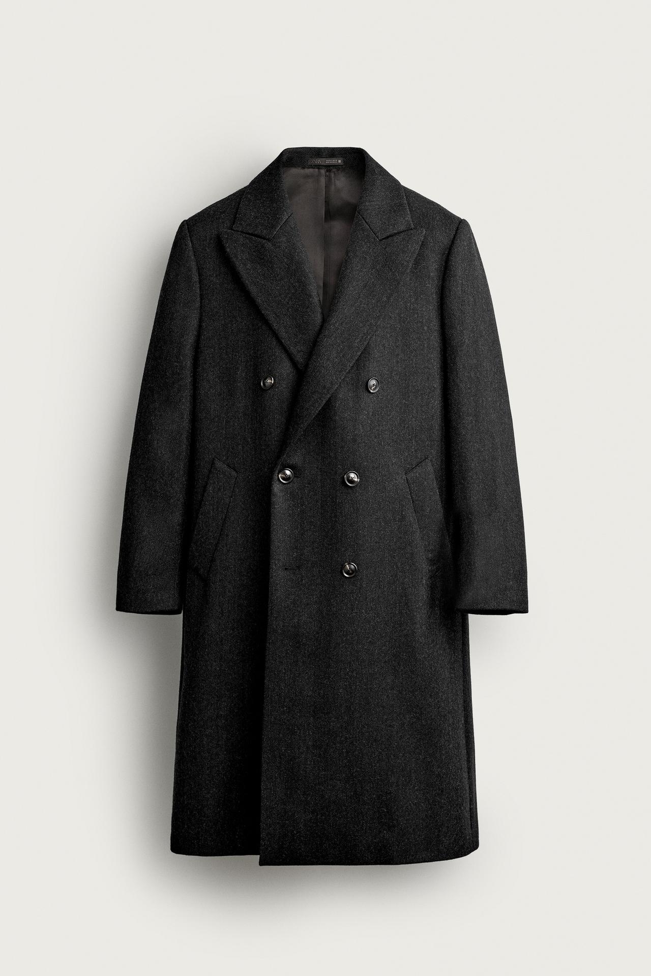 100% WOOL HERRINGBONE DOUBLE-BREASTED COAT — Gray