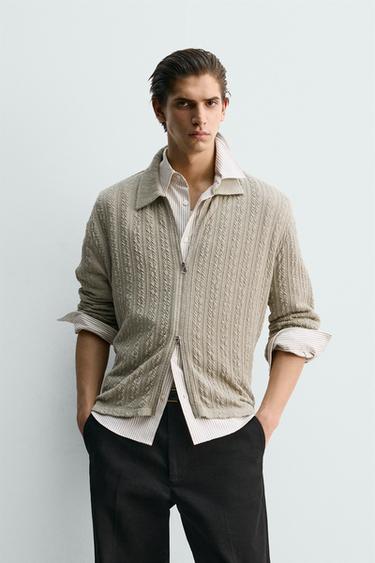 TEXTURED CABLE-KNIT JACKET WITH ZIP - Khaki by Zara