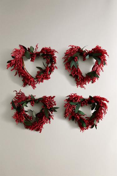 LOT DE 4 RONDS DE SERVIETTE CŒUR FEUILLES NOËL - Rouge de Zara - Image 0