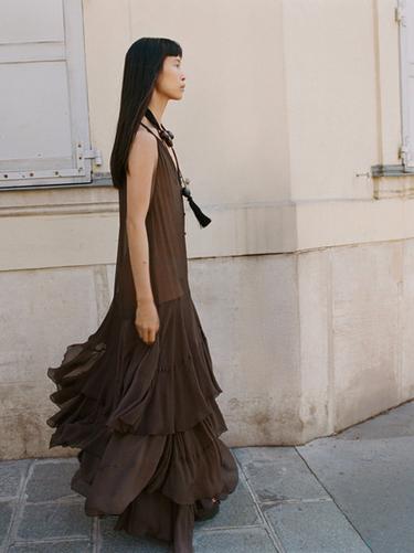 Zara Long flowing dress with ruffles - Chocolate