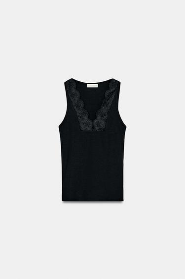 RIBBED LACE T-SHIRT - Black by Zara