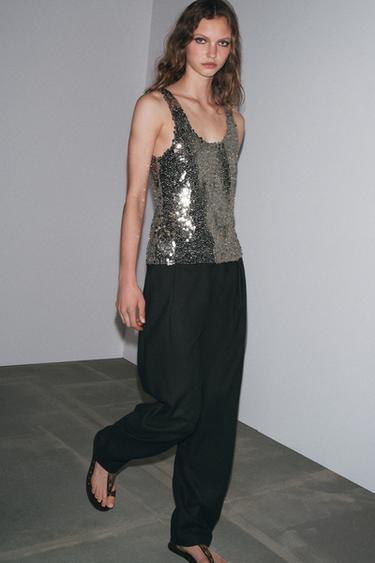 Zara SEQUIN STRAP TOP - Silver
