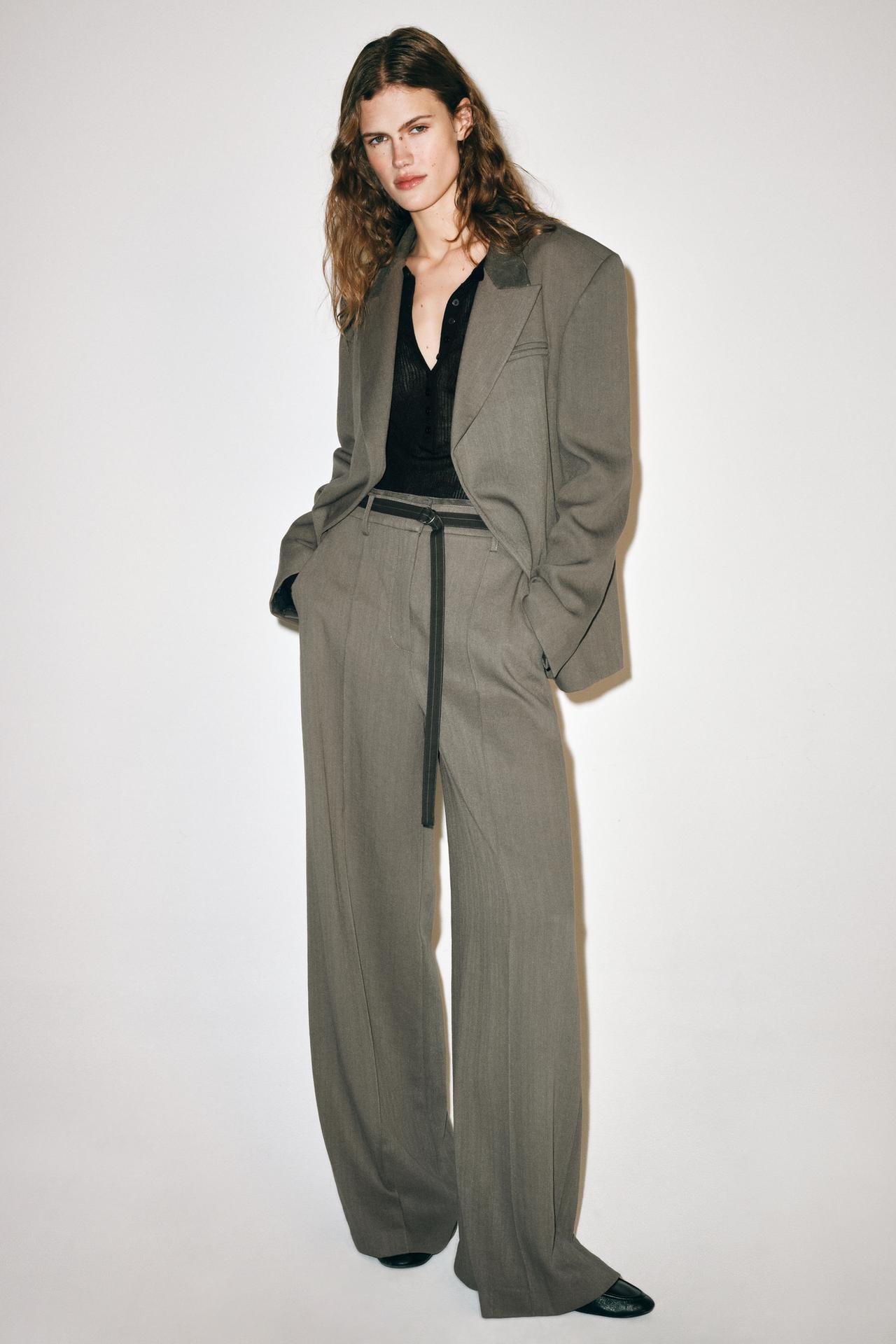 ZW COLLECTION DOUBLE WAISTBAND TROUSERS — Gray / Tan