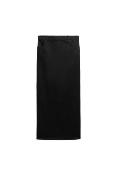 Long black denim skirt with front pockets and belt loops, on a white background.