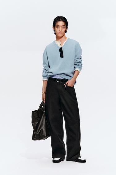 Zara 棉麻V領針織衫 - 淡藍色