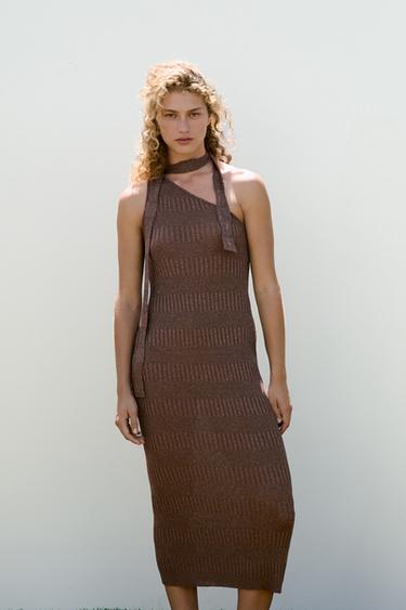 Zara ASYMMETRIC SCARF MIDI DRESS - Chocolate - Image 0