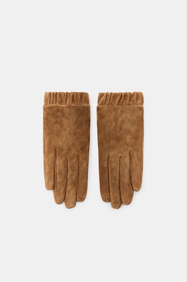 GANTS EN CUIR DE DAIM 100 % À PLIS - Marron clair de Zara