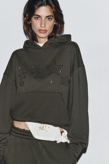 Zara WASHED STAR STUD SWEATSHIRT - Dark brown