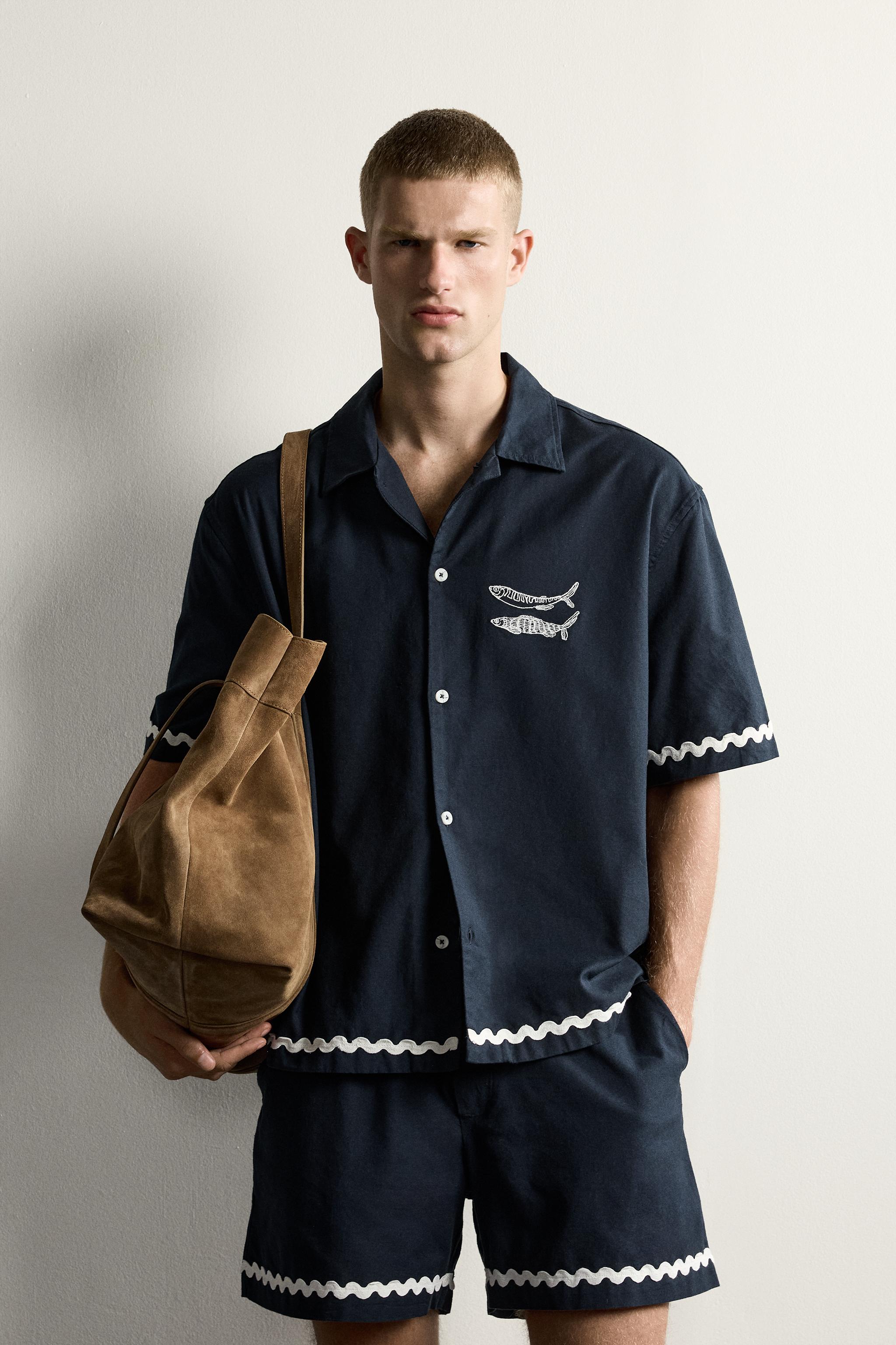 RELAXED FIT FISH EMBROIDERED SHIRT — Navy blue