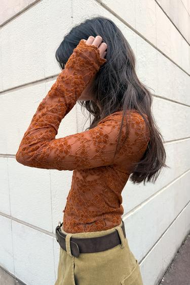 LACE BUTTON-UP TOP - Taupe by Zara - Image 3