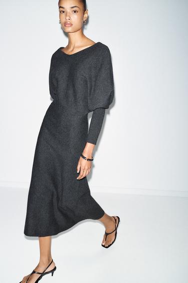 V-NECK KNIT MIDI DRESS - Grey by Zara