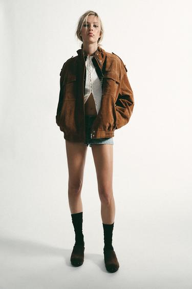 Zara 100% LEATHER POCKET JACKET - Dark camel