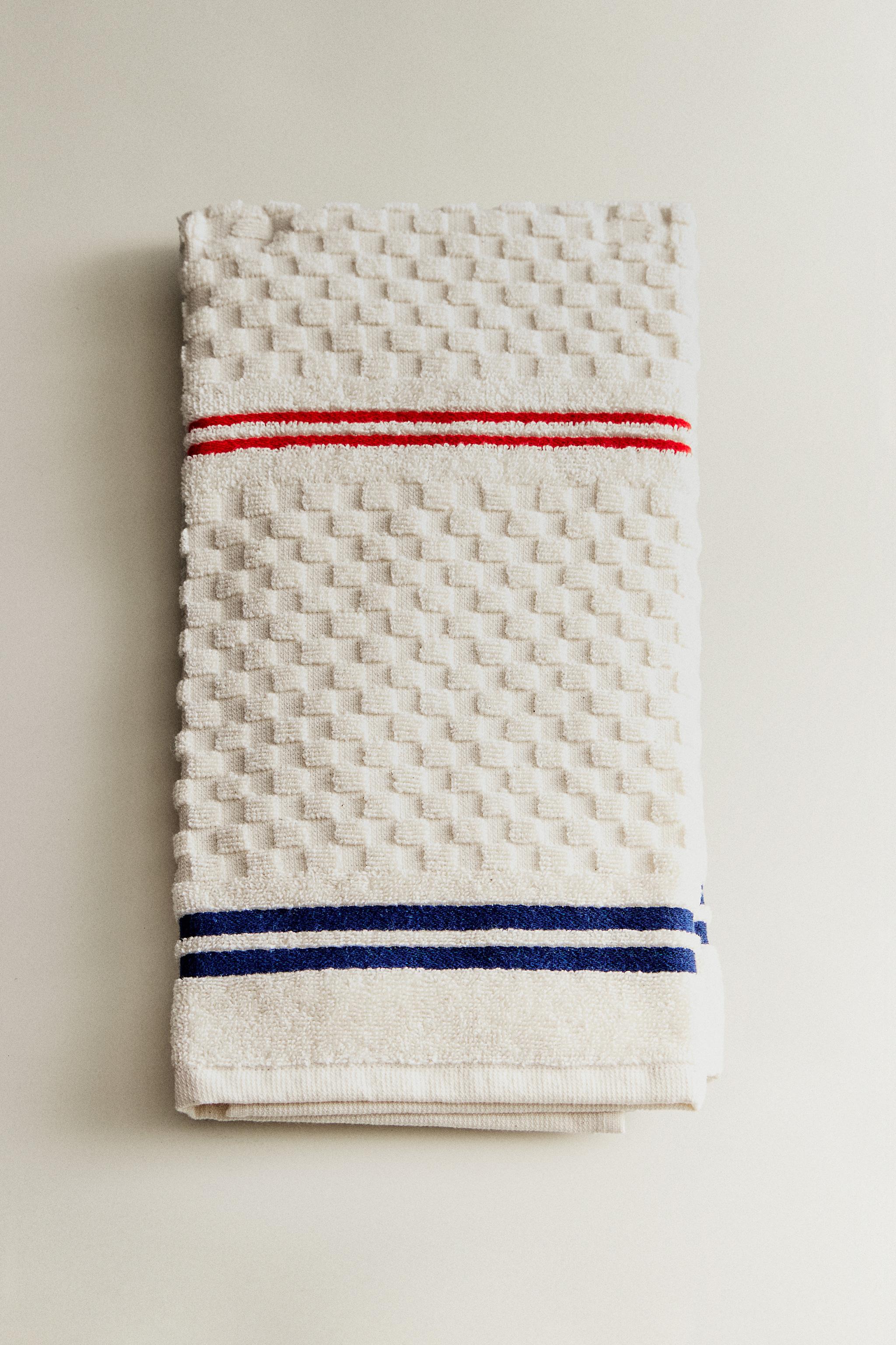 STRIPED COTTON TERRY TEA TOWEL — Ecru