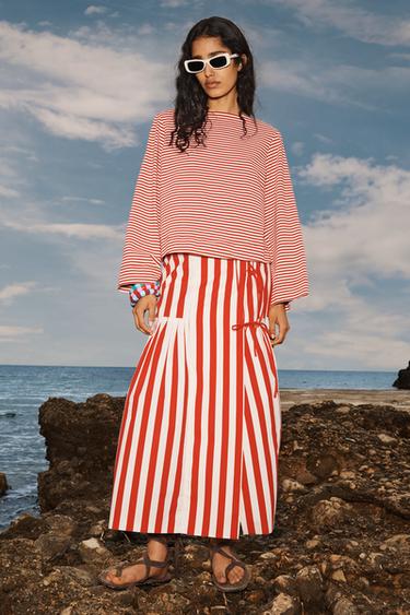 LIMITED EDITION STRIPED MIDI SKIRT - White / Red by Zara