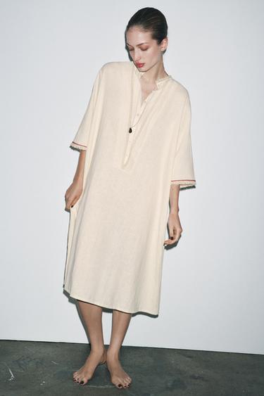 LIMITED EDITION CONTRAST LINEN BLEND KAFTAN - Oyster-white by Zara