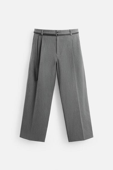 Zara BELTED PLEATED PANTS - Gray - Image 0