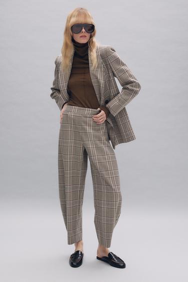 DOUBLE-BREASTED CHECK BLAZER - Ecru / Maroon by Zara