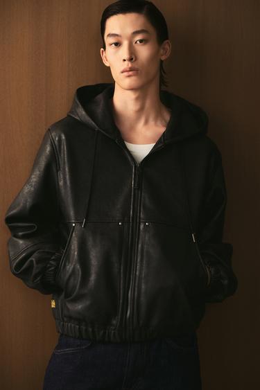Zara 連帽人造皮革夾克 - 黑色