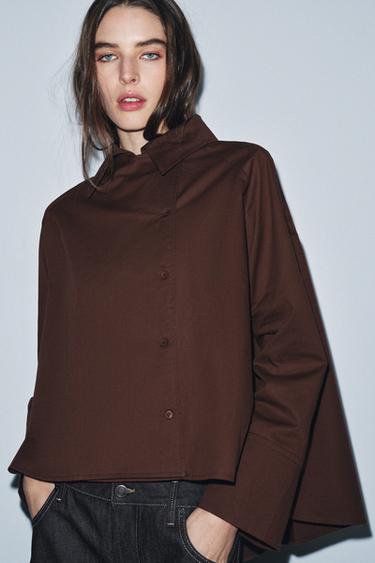 Zara ZW COLLECTION OVERSIZED PLEATED SHIRT - Brown