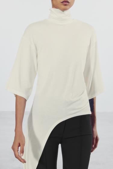 ASYMMETRIC GATHERED T-SHIRT — Ecru 1