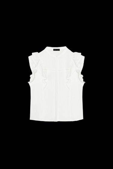 Zara LACE INSERT RUFFLE BLOUSE - White - Image 0