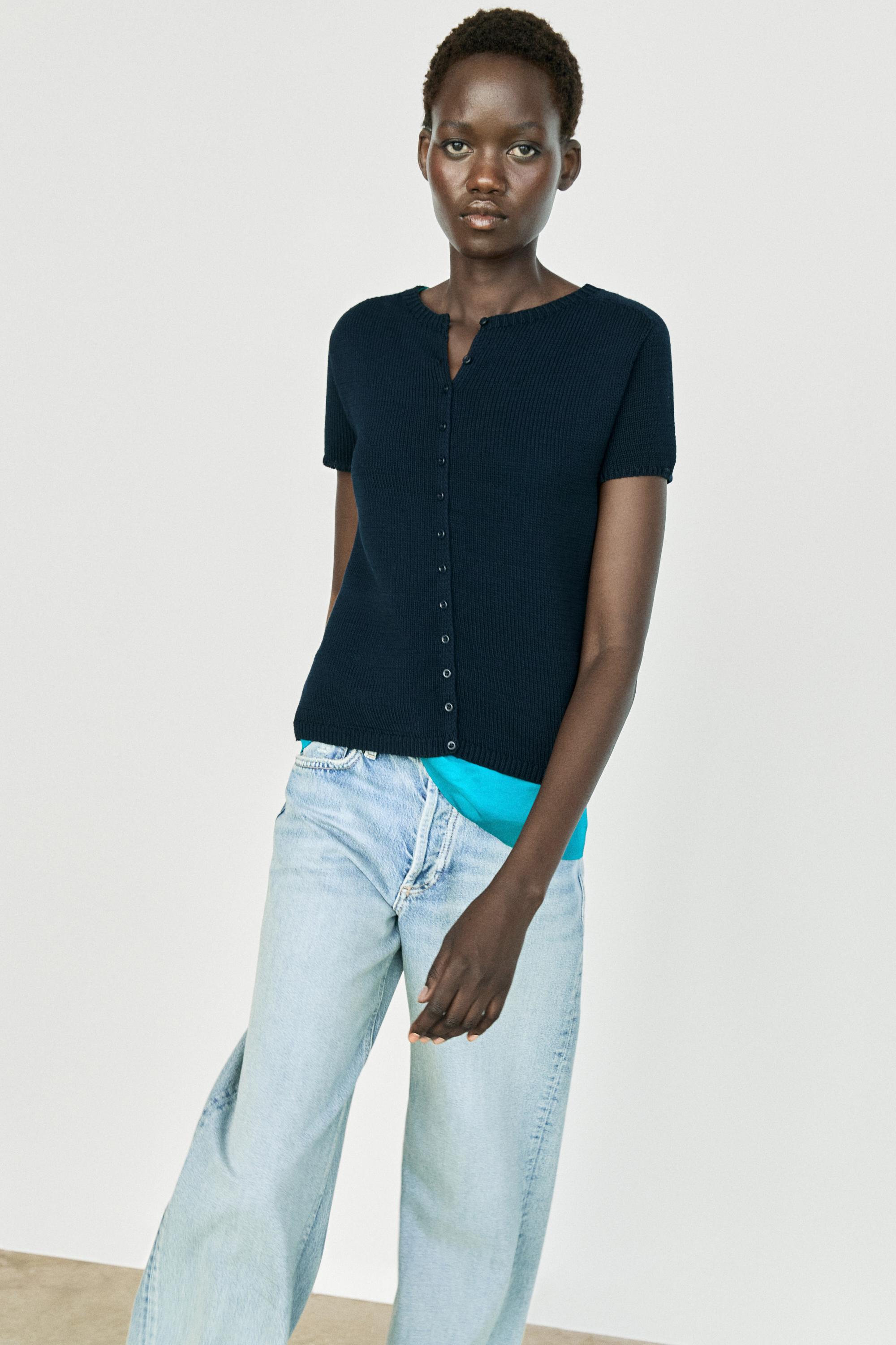 Cotton silk blend knit cardigan — Navy blue