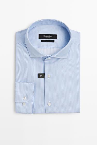 Slim fit striped 100% cotton shirt — Blue 1