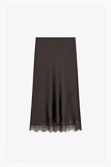 FALDA MIDI SATINADA ENCAJE - Marrón chocolate de Zara